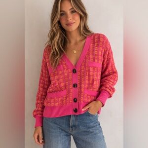 Free‎ Assembly Pink Patterned Cotton Cardigan Sweater Size Medium Button Front